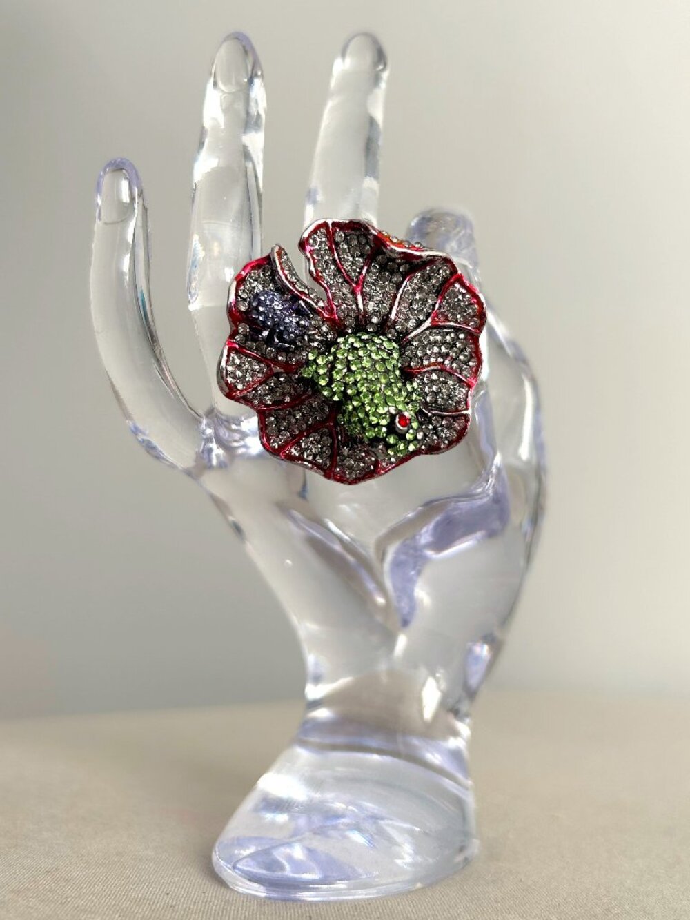 Frog and Spider Lily Pad Rhinestone Ring